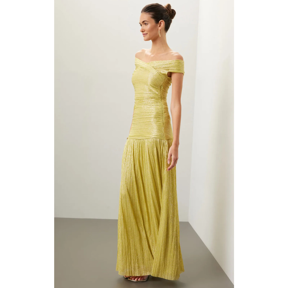 Sabina Musayev Off-Shoulder Metallic Lime Maxi Gown - Picture 2 of 7